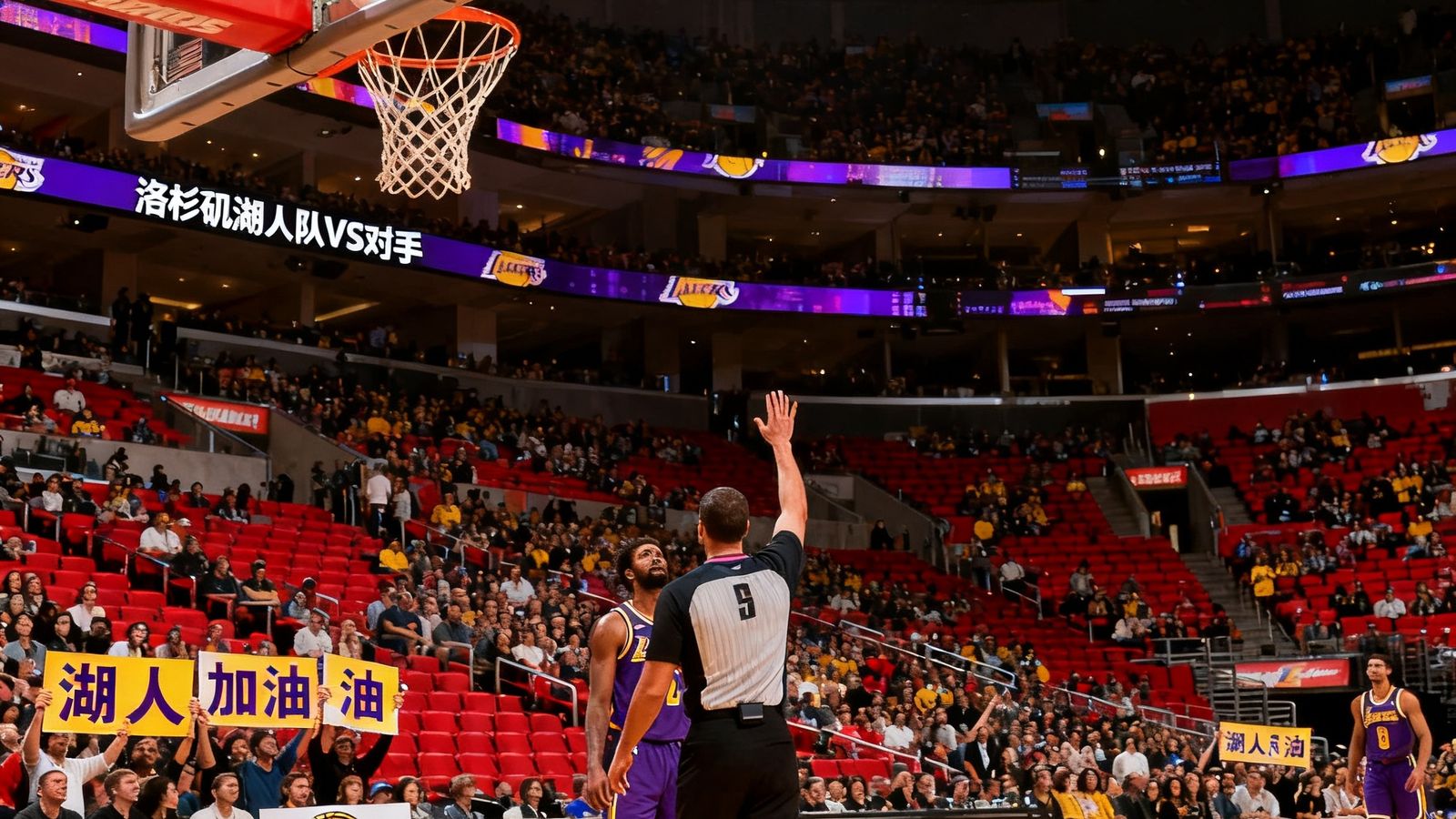 NBA常规赛洛杉矶湖人队主场比赛,斯台普斯中心座无虚席,球员正在执行关键罚球