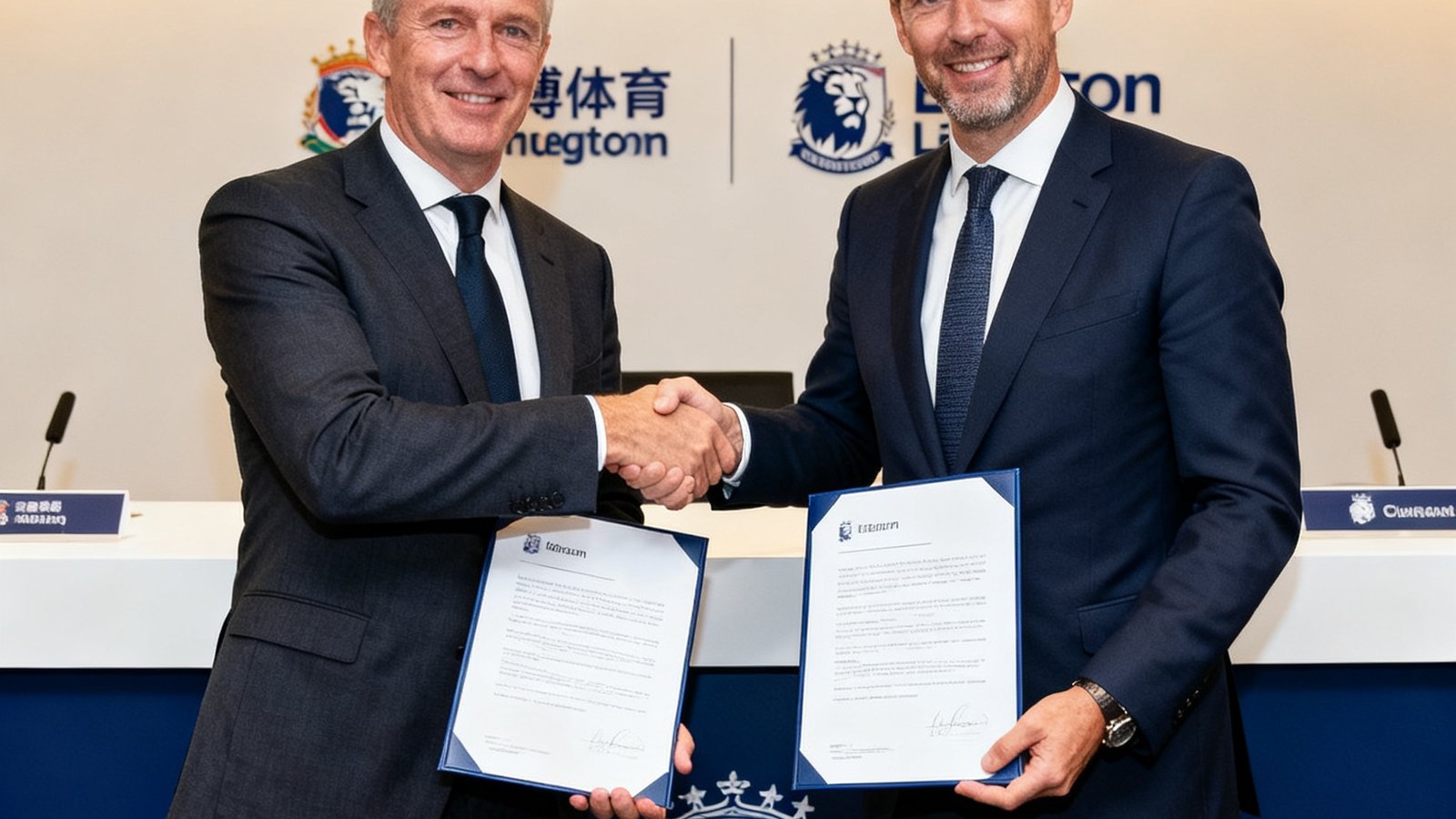 友博体育与英超联盟签约仪式现场,双方代表握手并展示合作协议文件