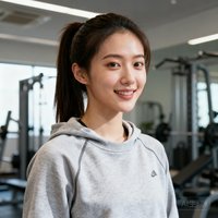 一位扎马尾的年轻女性用户头像,穿着运动卫衣,背景为健身房环境